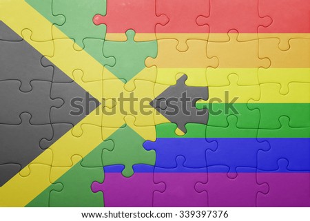 puzzle with the national flag of jamaica and gay flag.concept