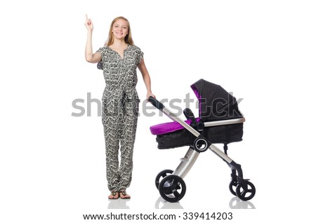 Happy mom with her baby in pram