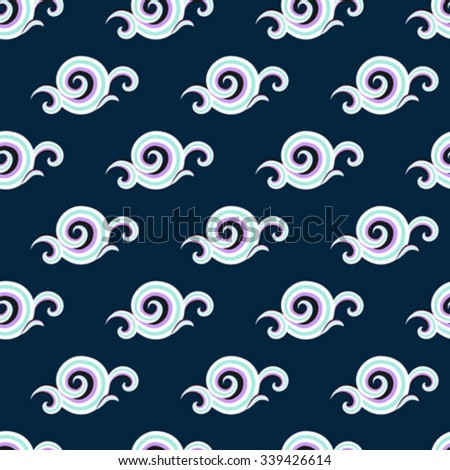 Vector seamless pattern with elegant white curls and swirls. Luxury texture with waves. Asian ornament with sky and abstract clouds. Drawn Japanese water graphic. Frost background. Christmas paper