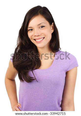 Cute smiling mixed asian / caucasian young woman model. Isolated on white background.