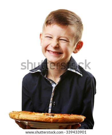 Little boy holding pizza isolated on white