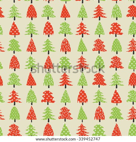 Decorative green and red pine trees vector seamless pattern