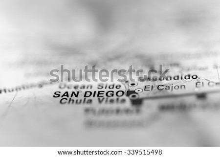 San Diego close up on map, shallow depth of field.