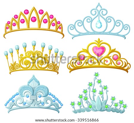 Set of princess crowns (Tiara) isolated on white. Vector illustration.