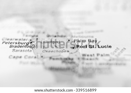 Port St. Lucie close up on map. Shallow depth of field.