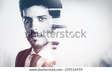 Bw portrait of young businessman and contemporary city on the background. Double exposure. Visual effects