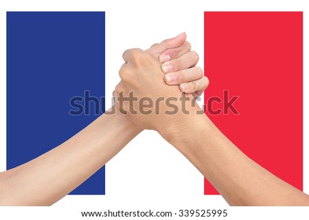 Hand showing Cooperation to solve the problem and encouraging. The French national flag as background.