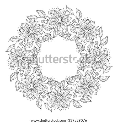 Vector Monochrome Floral Background. Hand Drawn Ornament with Floral Wreath. Template for Greeting Card