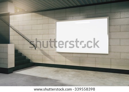 Blank white billboard in subway, mock up 3D Render