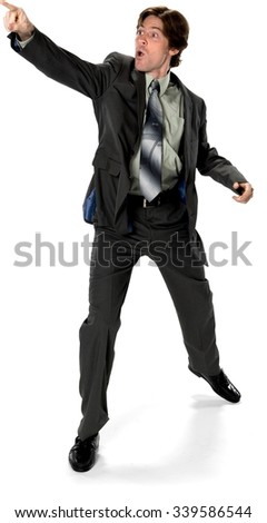 Excited Caucasian man with short dark brown hair in business formal outfit with arms open - Isolated