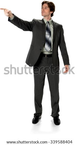 Serious Caucasian man with short dark brown hair in business formal outfit pointing using finger - Isolated