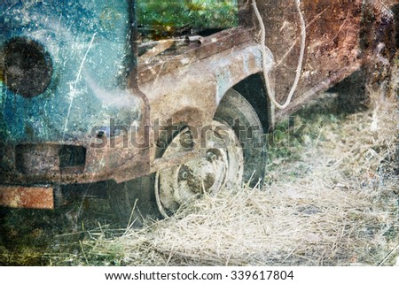 Old Car rusting in forest, damage color vintage photo effect