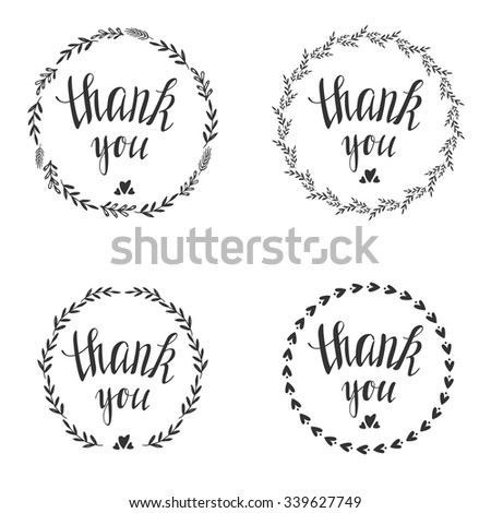 Set of four decorative frames with thank you text. Collection of decorative botanical borders. Vector  