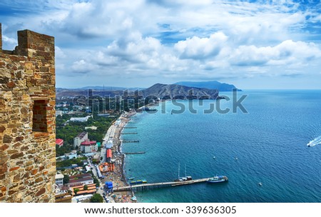 view from the fortress of the bay and the city with the mountains in the background, Sudak, Crimea Royalty-Free Stock Photo #339636305