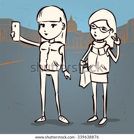 Two cute girls making selfie. Hand drawn cartoon vector illustration.