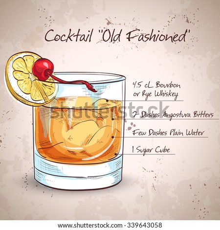 Old fashioned cocktail, consisting of Bourbon, Angostura Bitter, sugar cubes, a few drops of water, ice cubes, orange, maraschino cherry Royalty-Free Stock Photo #339643058