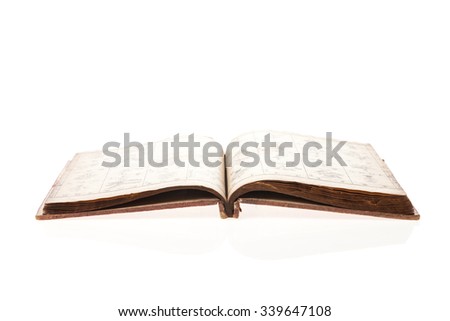 A vintage(old) asian(oriental) book(note, diary), 15th century, in the korea. Principles and Practice of Eastern Medicine and materials. Donguibogam isolated white. Royalty-Free Stock Photo #339647108