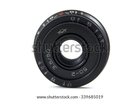 Retro camera lens on white background