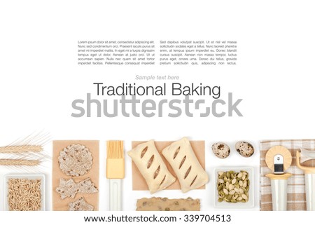 baking ingredients and tools on white background