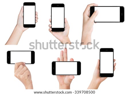 hand hold black modern smart phone show screen display isolated set Royalty-Free Stock Photo #339708500