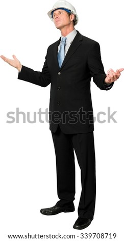 Serious Caucasian man with short black hair in business formal outfit with arms open - Isolated