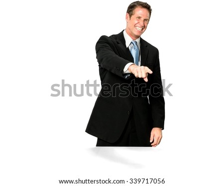 Excited Caucasian man with short medium blond hair in business formal outfit pointing using finger - Isolated