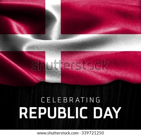 Denmark flag and Celebrating Republic Day Typography on wood background
