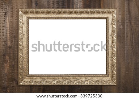 Horizontal Golden Empty Frame on Brown Wood Wall