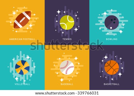 Set of Sport Balls. Flat Style Vector Illustration. American Football, Basketball, Volleyball, Tennis, Bowling, Baseball. Activities for Team Playing