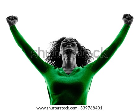 one mixed race young woman happiness arms raised silhouette isolated on white background