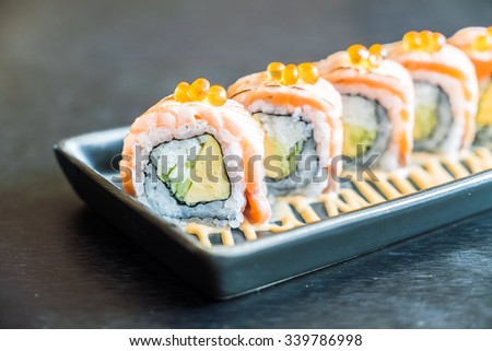 Soft focus on Salmon sushi roll (Japanese food style) - HDR Merge 3 Photos Processing