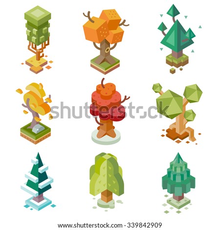 Creative trees isolated. Isometric flat vector illustration set. 
