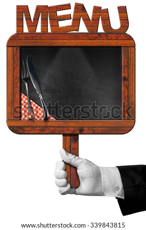 Chef with Old Blackboard with Text Menu / Hand of chef with white glove holding an old empty blackboard with wooden frame with text menu, silver cutlery and checkered tablecloth