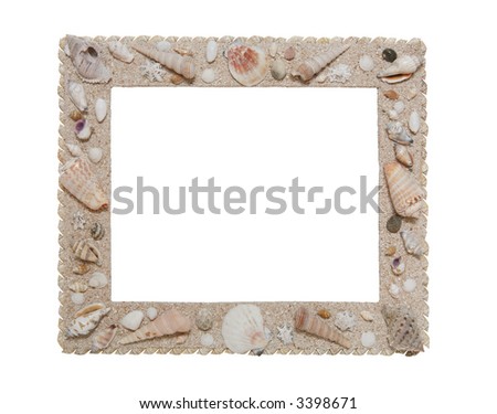 A photo frame with seashells isolated over white