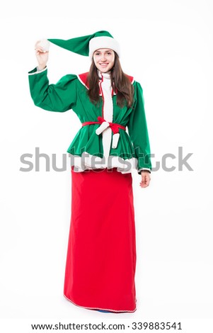 Woman elf, Christmas, isolated on white background, in studio