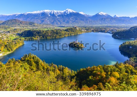 Panoramic view of Lake Bled from Mt. Osojnica, Slovenia Royalty-Free Stock Photo #339896975