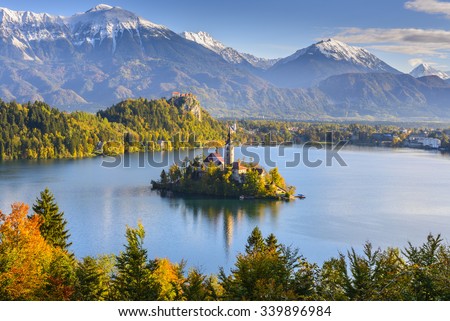 Panoramic view of Lake Bled from Mt. Osojnica, Slovenia Royalty-Free Stock Photo #339896984