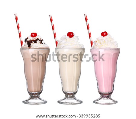 milkshakes chocolate flavor ice cream set collection with cherry on top isolated on white background Royalty-Free Stock Photo #339935285