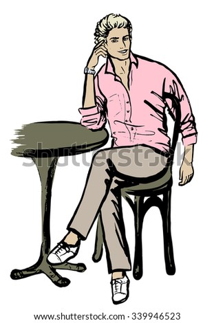 Fashion sketch of man sitting in cafe. Ink hand drawn sketch isolated on white. Clip art