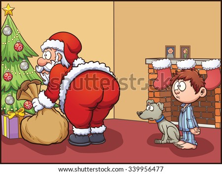 Shocked kid and dog looking at Santa Claus. Vector clip art illustration with simple gradients. Elements are on separate layers. 