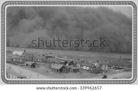 Dust Storm in Rolla, Kansas. May 6, 1935. The photo was sent to President Franklin Roosevelt this note, 'Dear Mr. Roosevelt, Darkness came when it hit us. Picture taken from water tower one hundred fe