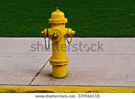 Yellow fire hydrant on a side walk with grass on the back