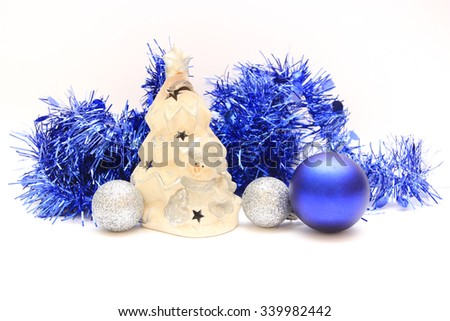 Christmas holiday decoration. Blue and white ornament bauble bac