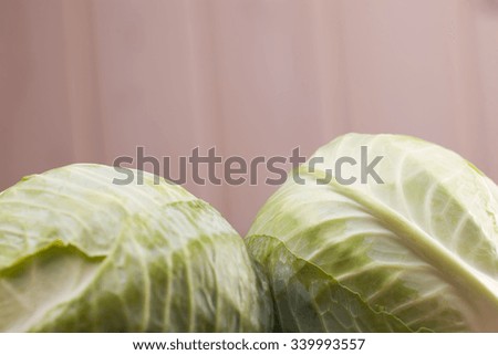 Two heads of fresh tasty green vegetarian cole full of vitamins for healthy life on light blur background indoor closeup copyspace, horizontal picture