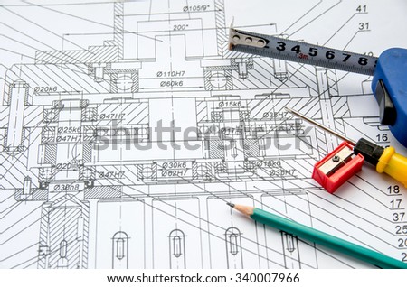 Pencil, ruler and engineering drawings