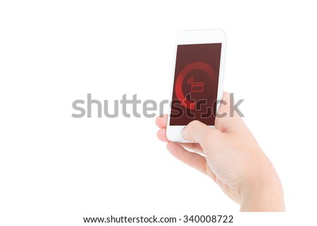 Woman showing smartphone against loading screen