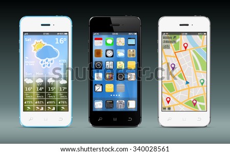 Smart phones with app icons, weather and GPS navigation widgets Royalty-Free Stock Photo #340028561