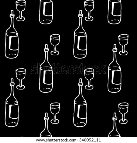 Hand painted background. Vector seamless pattern with bottle and wine glass.