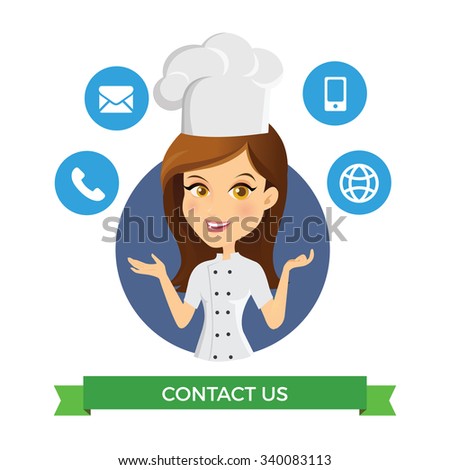Chef Girl present Contact us and Customer service Vector character