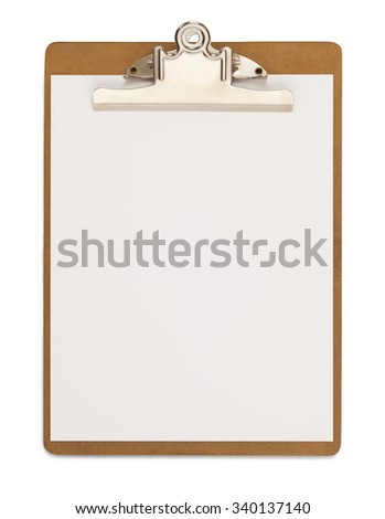 Wood Clipboard with Blank Paper Isolated on a White Background. Royalty-Free Stock Photo #340137140